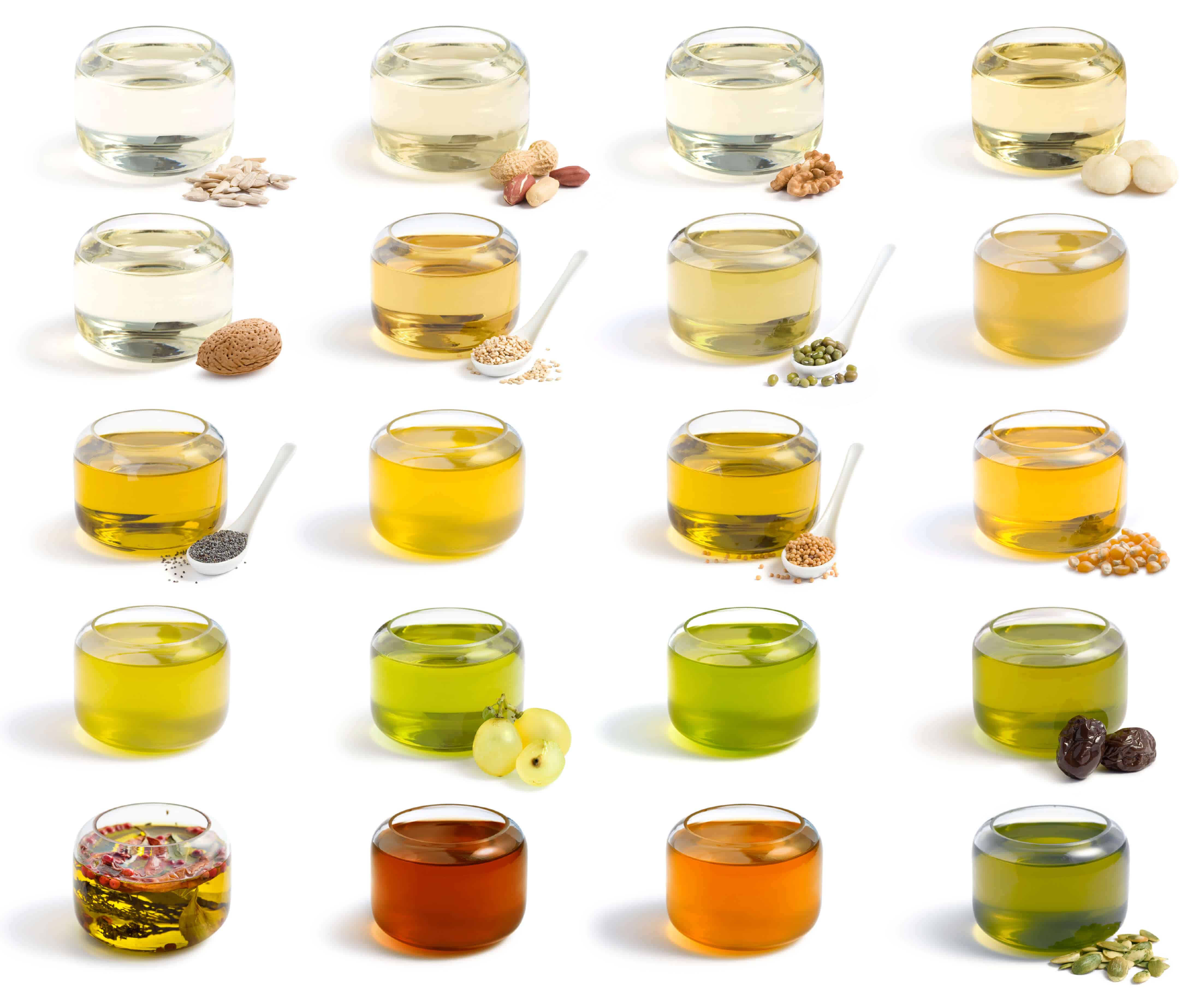 Different Oils Displayed with Their Oilseeds